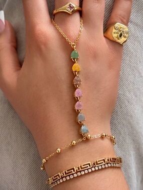 3/$40! 14K Gold Plated Rainbow Crystal Heart Hand Chain Rhodium Slave Bracelet